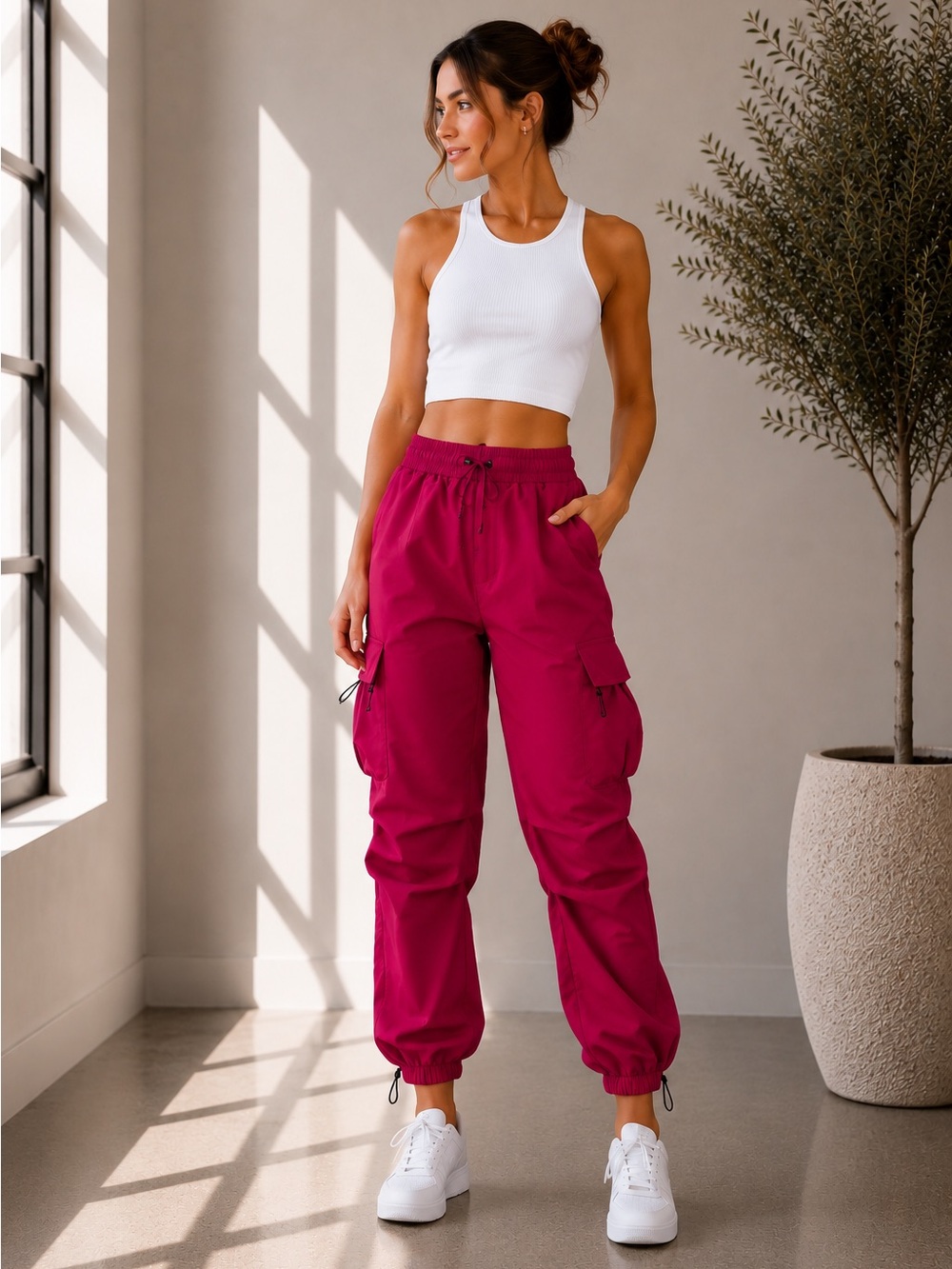 264. Parachute Ruched Cargo Jogger Pants in Berry